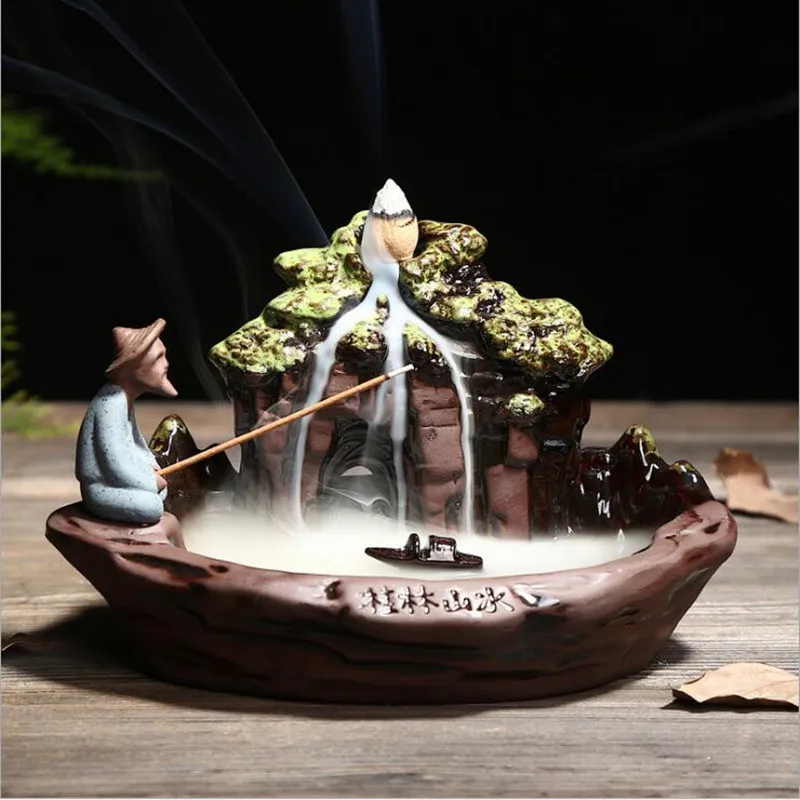 

1pc Backflow Incense Burner Home Decor Ceramic Fisher Figure Backflow Incense Stick Holder Censer + 10Pcs Incense Cones as gift