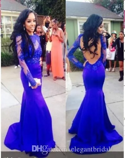 

2015 Lace Evening Dresses Gowns Open Back Long Sleeves Mermaid Floor Length Royal Blue Evening Gowns