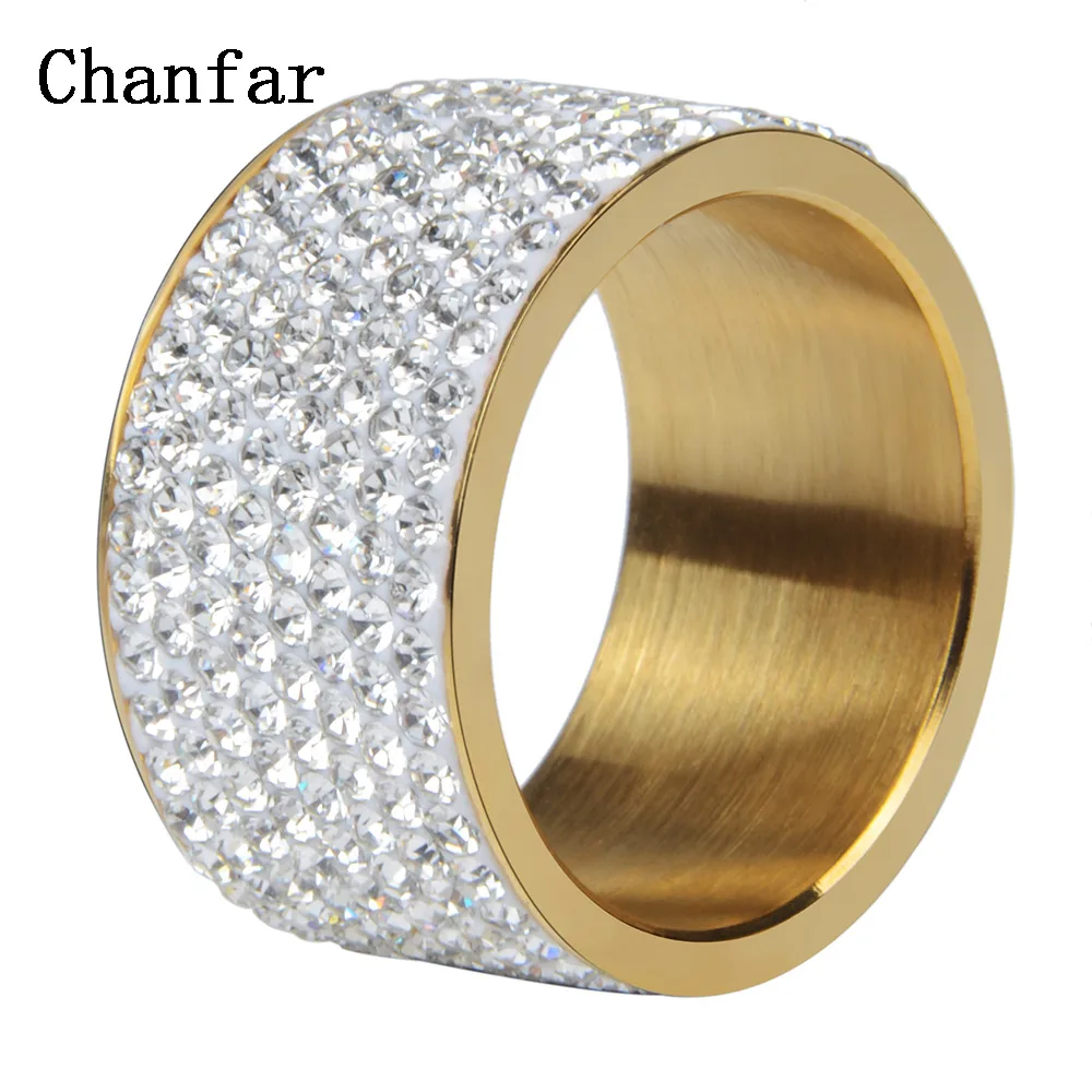 

Chanfar 8 Lines Fashion Full Crystal Stone Gold Color Wedding Ring Finger Big Stainless Steel Rings Men Women Jewelry