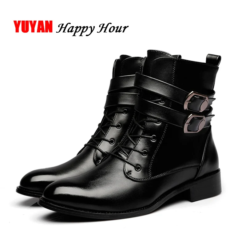

2018 Autumn Winter Boots Men Warm Plush Winter Shoes Soft Leather Men's Boots Brand Ankle Botas Black Thick Sole A128