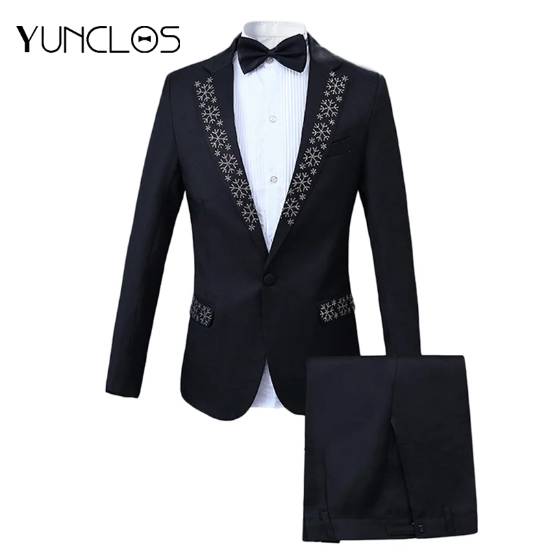YUNCLOS 2019 Newest Rhinestone Suits Men's Slim Fit Suits Fashion
