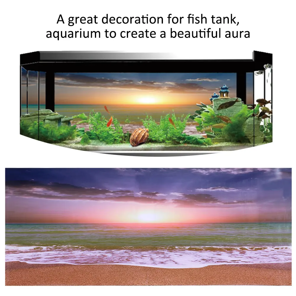 Zerodis Fish Tank Poster 3D Effect Adhesive Beach Sunset Poster Aquarium Backgrounds Decoration