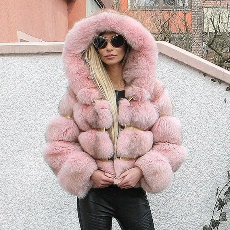 pink Furealux Брендовое зимнее пальто из натурального Лисьего меха с большим капюшоном из лисьего меха, Женская куртка, теплая верхняя одежда для женщин - Цвет: pink