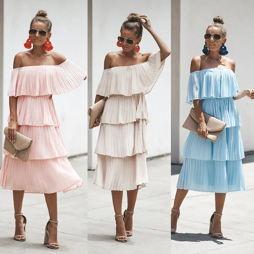

Women Summer Bohemian Ruffle Pleated Dress 2019 Vintage Sleeveless Beach Dress Sexy Off Shoulder A Line Party Night Midi Dress