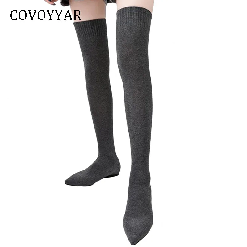 Najtaniej COVOYYAR 2019 elastyczne skarpetki buty damskie Slim rozciągliwa, dzianinowa buty długie zakolanówki Pointed Toe płaski czarny buty damskie WBS1017