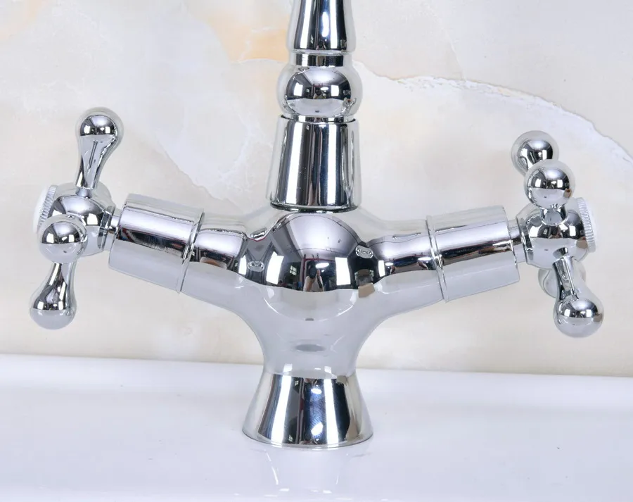 Deck Mounted Polished Chrome Brass Swivel Spout Double Cross Handles Kitchen/Bar Bathroom Sink Faucet Hot&Cold Mixer Tap anf920