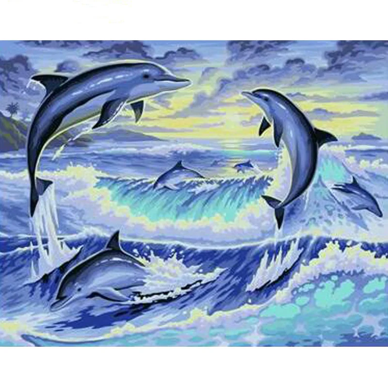 

ArtSailing pictures by numbers on canvas Dolphin leap on the sea paintings by numbers with acrylic paints with frame NP-464