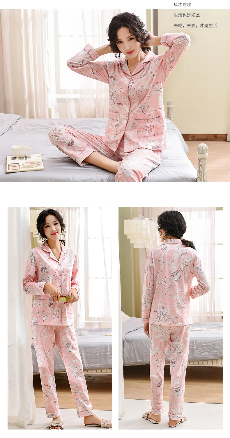 Pajamas For Women New Pure Cotton Women Home Suit XXXL Grey Floral Lapel Cardigan Top+Long Bottoms 2 Pcs Women Pajamas