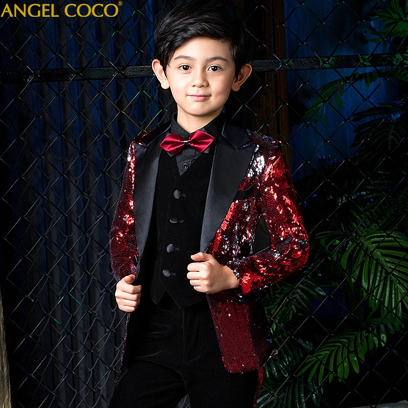 

Burgundy Sequins children's Tuxedo Boys Prom Suits Set Spring Flower Boy Piano Wedding Kids Party Birthday Costume Garcon Blazer