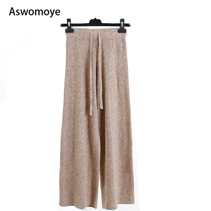 

Lace Up Waist Knitted Wide Leg Pants Women Vintage High Waist Fashion Trousers Loose Autumn Winter Trousers Thick