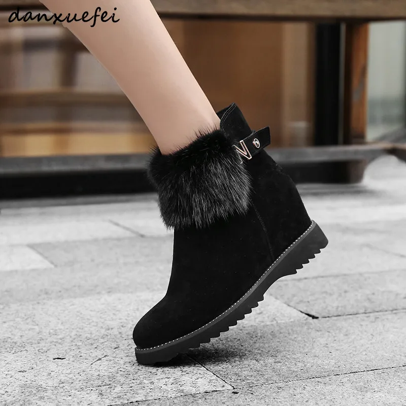 

Women's genuine suede leahter real fur winter ankle boots metal buckle wedge warm plush short booties comfortable ladies shoes