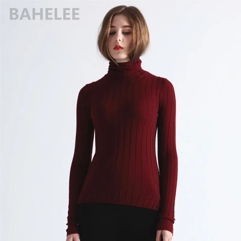 

BAHTLEE 2018 women's Merino wool sweater Turtleneck Sweater Knitted Pullovers And Sweaters Vintage Contrast Color Pull Femme