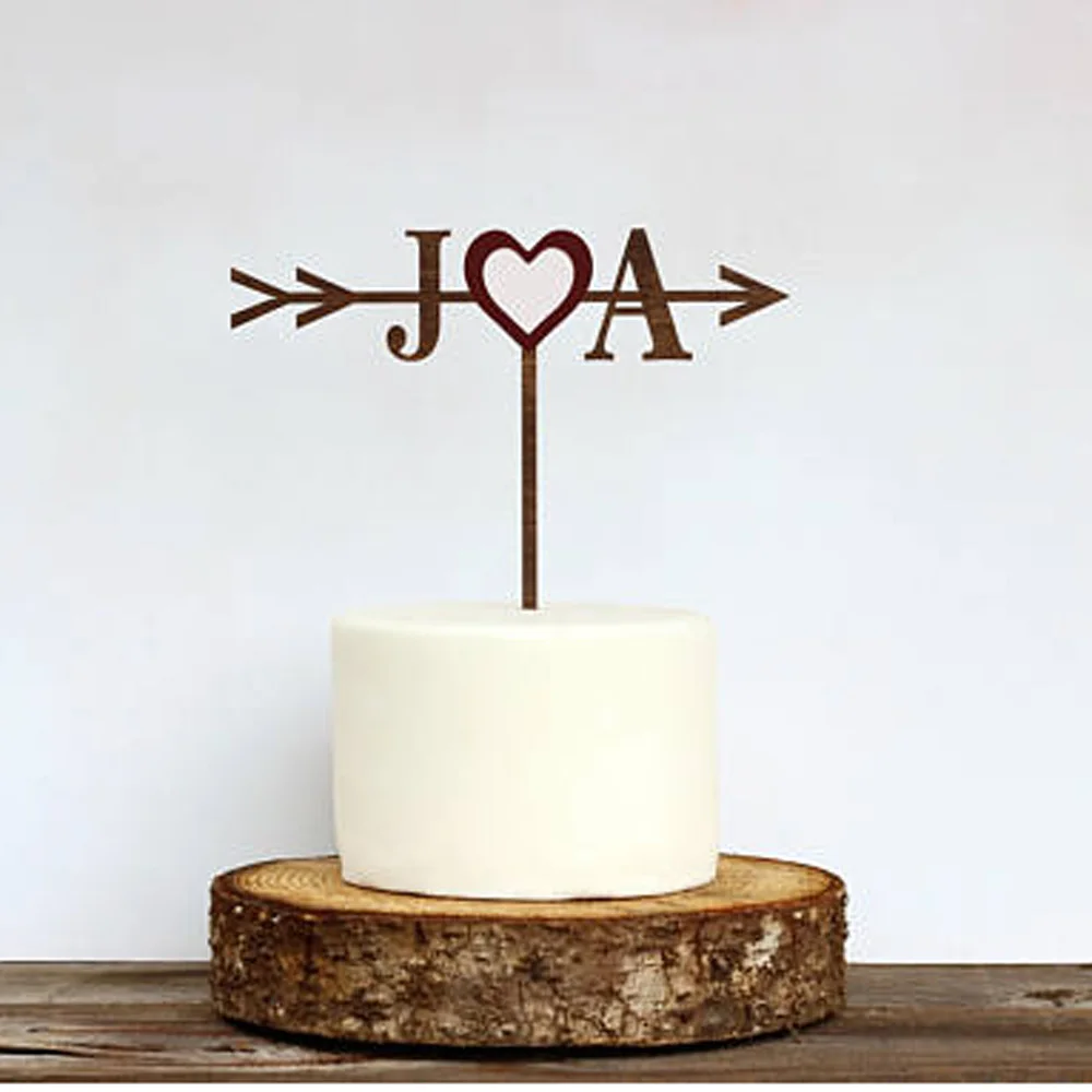 Rustic Wedding Arrow & Initials Cake Topper Personalized Cake Topper Custom Acrylic silver wooden with Rustic Name Cake Topper