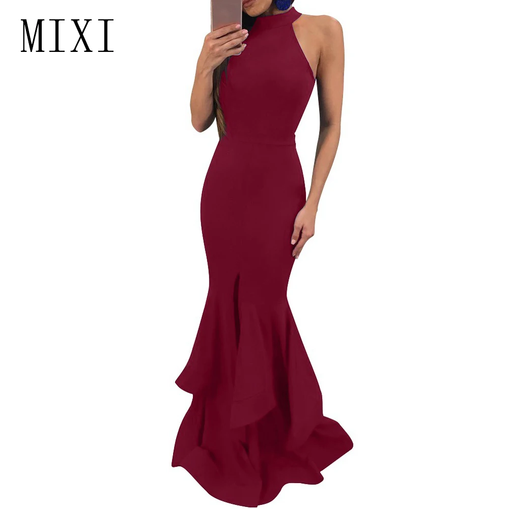 

MIXI Women Long Evening Party Dress Sexy Halter Off Shoulder Split Bodycon Maxi Dresses Elegant Ruffles Mermaid Dress Robe Femme