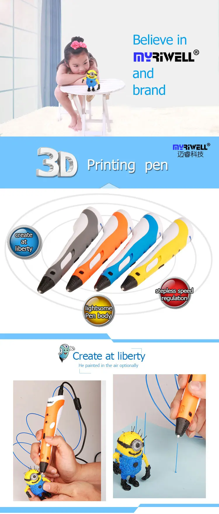 Myriwell ABS/PLA 1,75 мм DIY 3D Draw Pen светодиодный Экран зарядка через usb 3D печать Ручка 9 м нити творческий игрушка в подарок для детей Дизайн