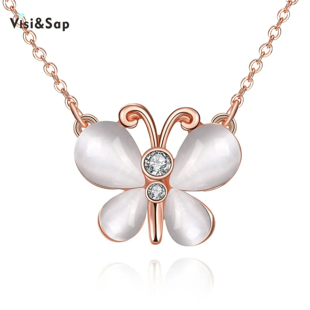 

Visisap White Opal Butterfly Necklaces For Women Rose Gold Color Female Insect Necklace Link Chains Pendants Jewelry VAKN049