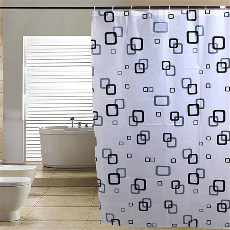 Shower Curtain Waterproo Mildew Proof PEVA With 12 Hooks Black White Square Shower Curtain Black
