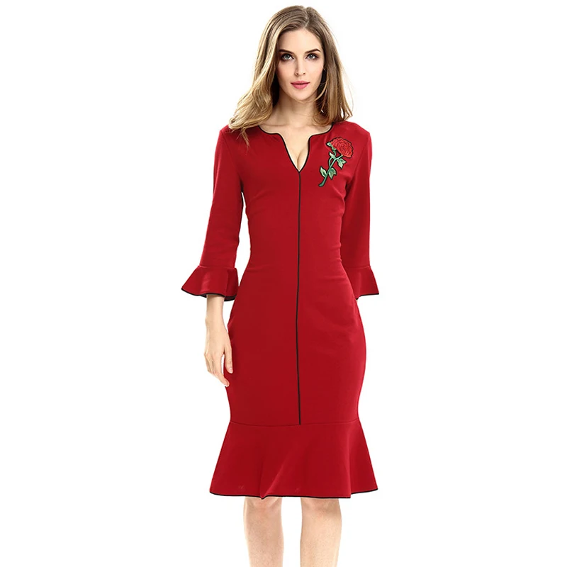 Formal Dress Women 2017 Party/Evening Vintage Fishtail Bodycon Slim Ruffle Sleeve Elegent Dresses Rose Embroidery Vestidos 4xl