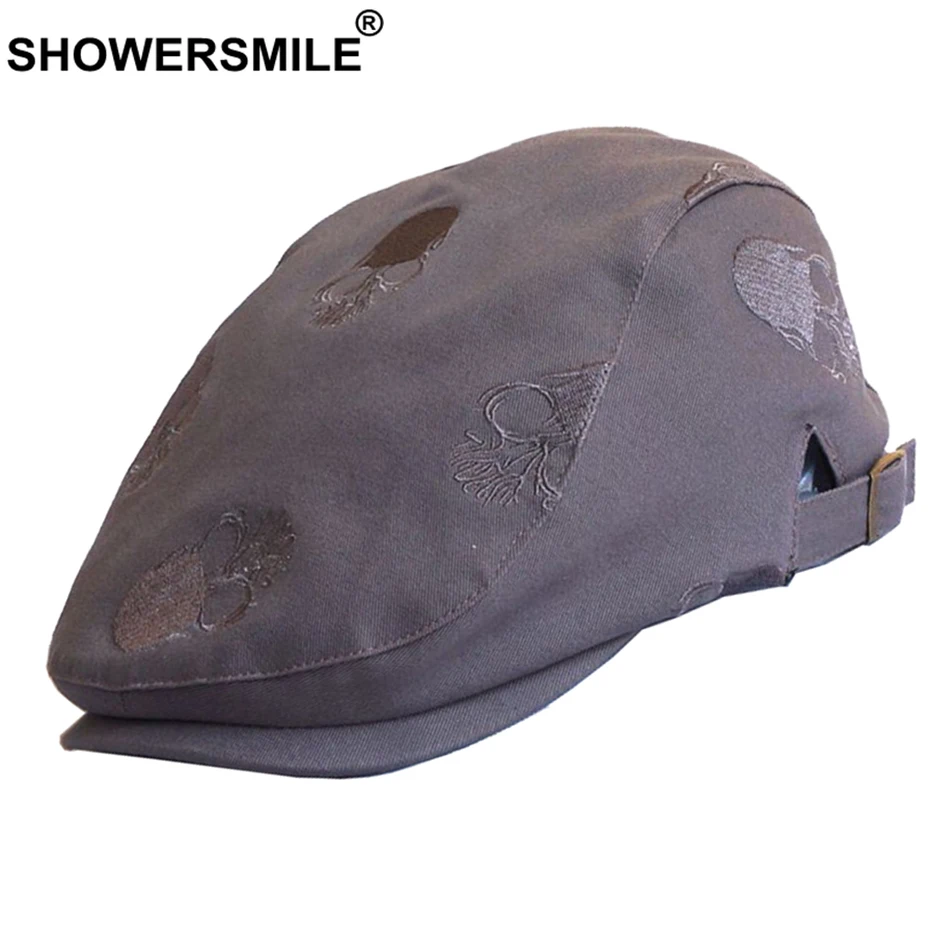 SHOWERSMILE, мужской берет, летний, черный, хлопок, плоская кепка, Череп, вышивка, плюща, утконоса, кепка, регулируемая, Ретро стиль, высокое качество, мужская плоская шапка