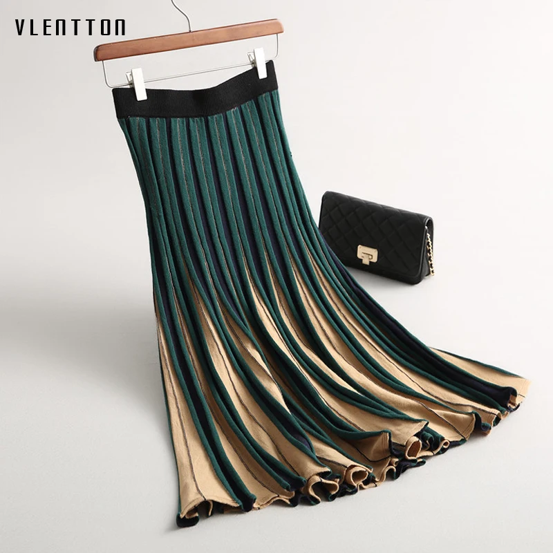 Новинка, модная винтажная плиссированная юбка для женщин, полосатая трикотажная Женская юбка до середины икры, весна-осень, Повседневная Длинная женская юбка