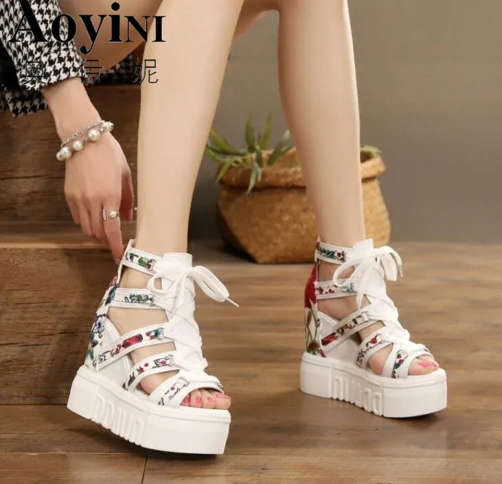 

2018 New Women Sandals Print Gladiator Summer Shoes Wedges Open Toe Platform Sandals Lace up 11CM High-Heeled Shoes Woman Female