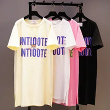 Г., летняя длинная футболка новые женские футболки с короткими рукавами с принтом из мультфильмов, с дырками свободные безрукавки для девочек, хлопковая футболка для студентов