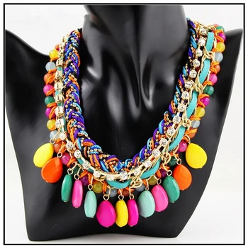 

CirGen Fashion Women Boho Rope Metal Chains Choker Colorful Beads Pendant Statement Ethnic Collar Bib Necklace Jewelry Item,B84