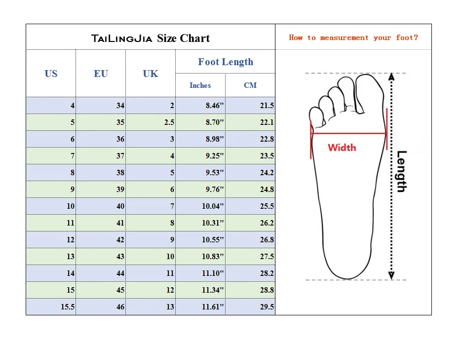 tailingjia size chart