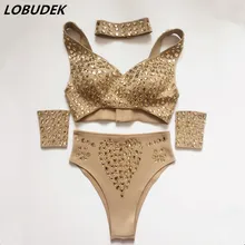 Сексуальный клубный костюм для женщин, DJ, певица, сценический костюм, блестящие стразы, бикини, комплект из 5 предметов, Одежда для танцев, джаз, команда, вечерние, Кристальные, сценические наряды