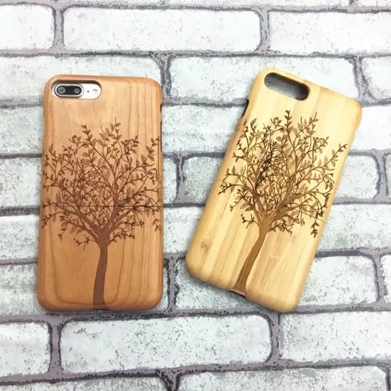 Premium Unique Tree Engraved Patterned Genuine Bamboo Wood Phone Cases Celular Shell Back Case Cover for iPhone 7 8 Plus |