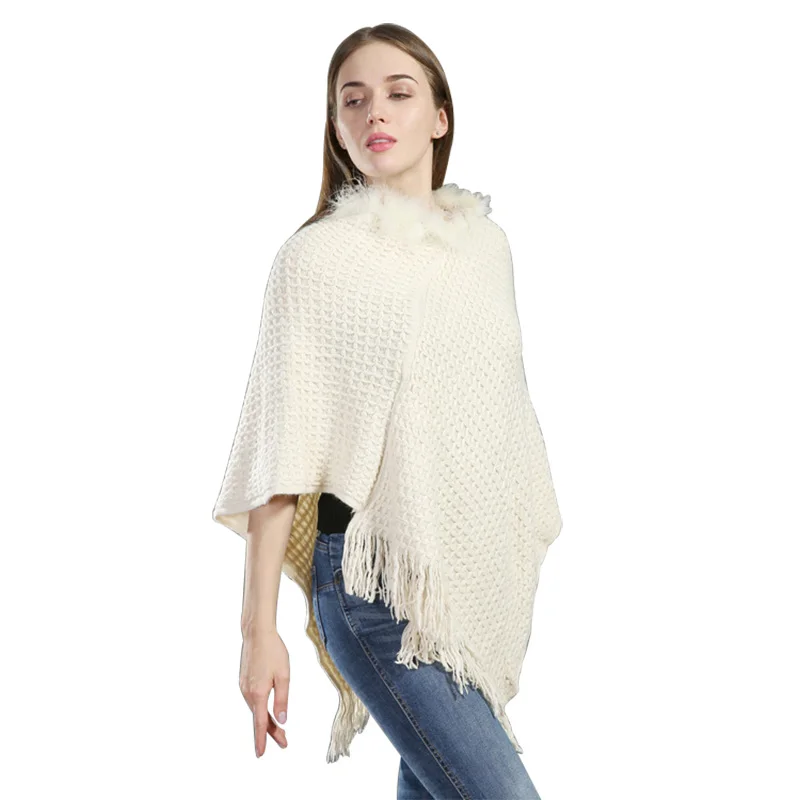 Winter New Beige Shawl Women's Faux Fur Poncho Large Size Knitting ...