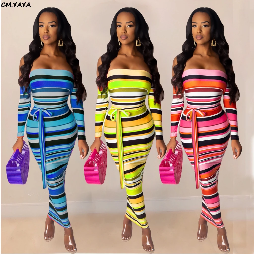 

2019 Women new summer colorful stripes print bodycon off shoulder long sleeve midi maxi dress sexy party dresses vestido GLA8137