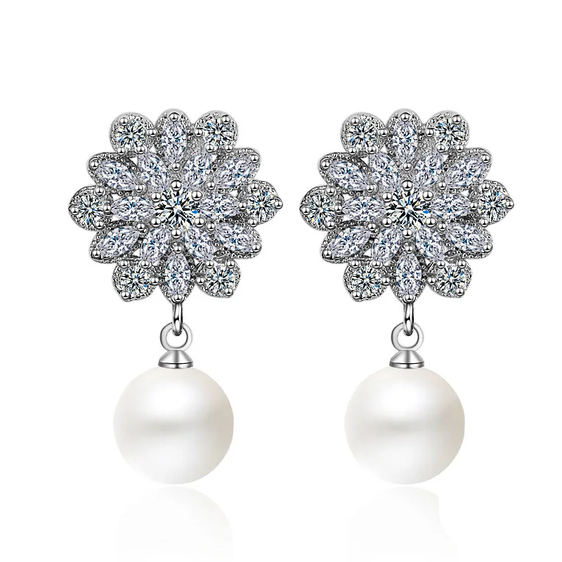 Личностные милые 925 блестящие Стерлинговое Серебро в форме снежинки серьги гвоздики для женщин с жемчугом модное украшение из фианита Рождественский/подарок на день рождения