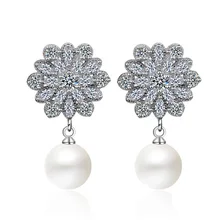Личностные милые 925 блестящие Стерлинговое Серебро в форме снежинки серьги гвоздики для женщин с жемчугом модное украшение из фианита Рождественский/подарок на день рождения
