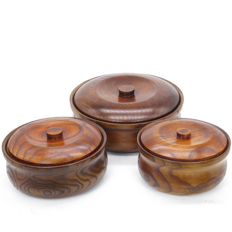 

Solid Wood Bowls with Cover for Soup/Noodles Salad Bowls Japan Style Rice Dinnerware for Home/Hotel/Restaurant