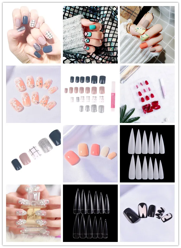 

24Pcs Fake Nails Lattice Grid Design Artificial French False Nails Tips Press On Nails With Glue Sticker 2g