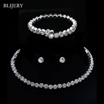 

BLIJERY Circle Crystal Bridal Jewelry Sets Silver Color African Beads Wedding Jewelry Necklace Earrings Bracelet Set For Women