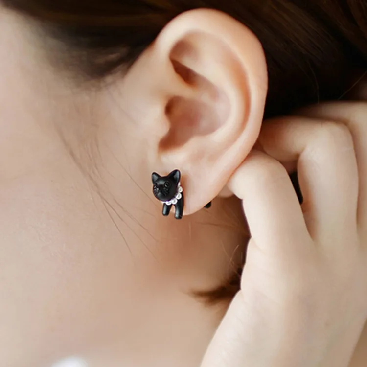 Wholesale Fashion Jewelry 3D Pearl Earrings Black Cat Kitty Animal