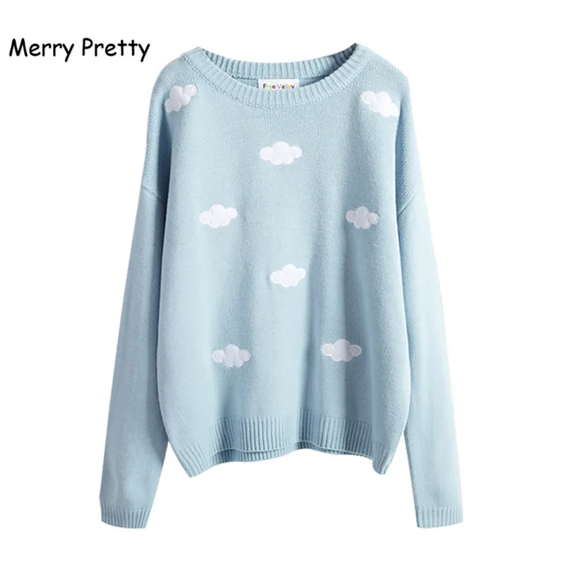 

Merry Pretty women winter Autumn clouds sky embroidery sweater candy color pullovers solid loose ladies warm knitting sweaters