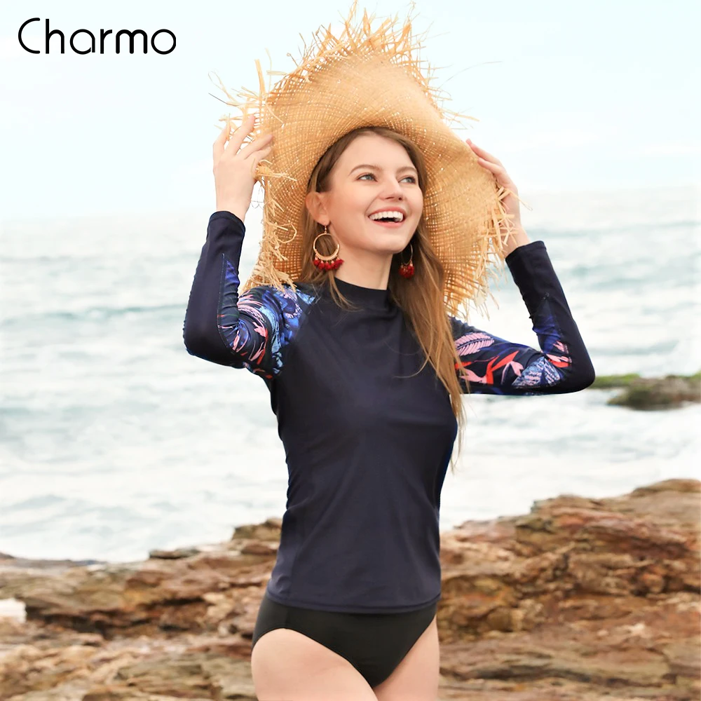 Charmo النساء طويلة الأكمام طفح الحرس أوراق طباعة خليط ملابس السباحة قميص ملابس السباحة Rashguard UPF50 + تشغيل قميص تصفح القمصان