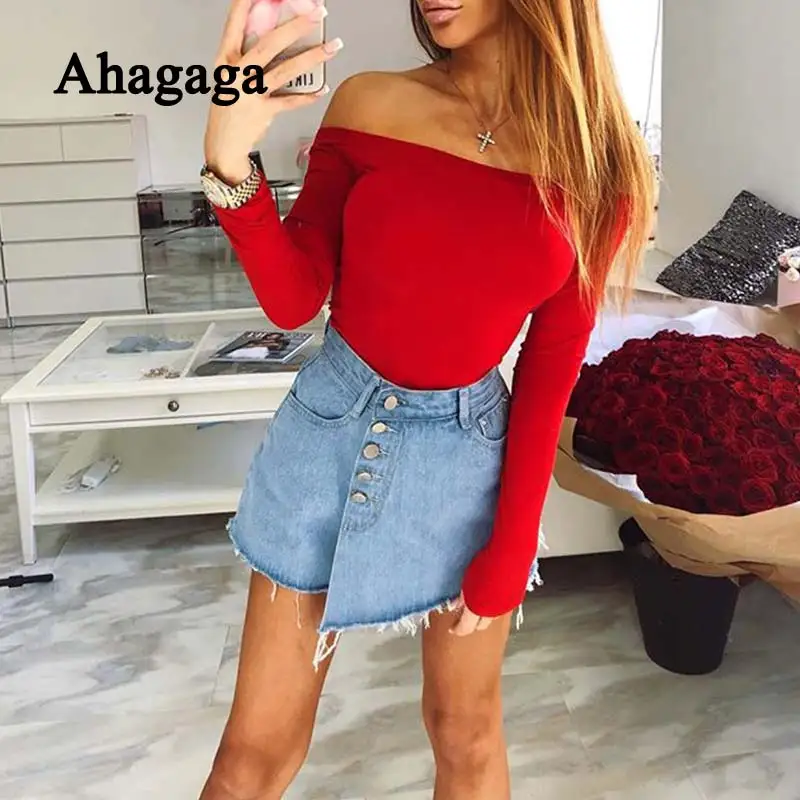 

Ahagaga 2019 Summer Rompers Women Jumpsuits Fashion Solid Red Long Sleeve Elegant Sexy Club Slash Neck Women Bodysuits Rompers