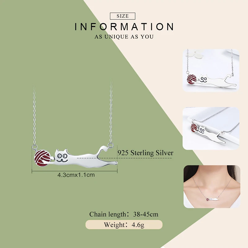 Qevila Jewelry Necklaces Authentic 100% 925 Sterling Silver Little Naughty Cute Cat Long Pendant Necklace for Women  S925 Chains
