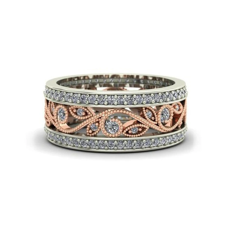 Delicate Hollow Design Flower Leaves Wedding Band Ladies Ring Rose Gold Color Inlaid Zircon Ring
