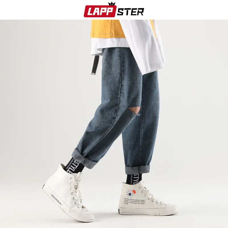 LAPPSTER мужские уличные рваные джинсы брюки 2020 синие джинсовые хип хоп корейские