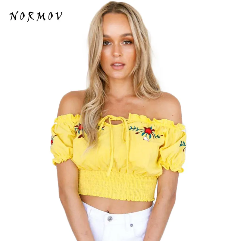 NORMOV Off Shoulder Women's Blouses Polyester Lacing Short Sleeve