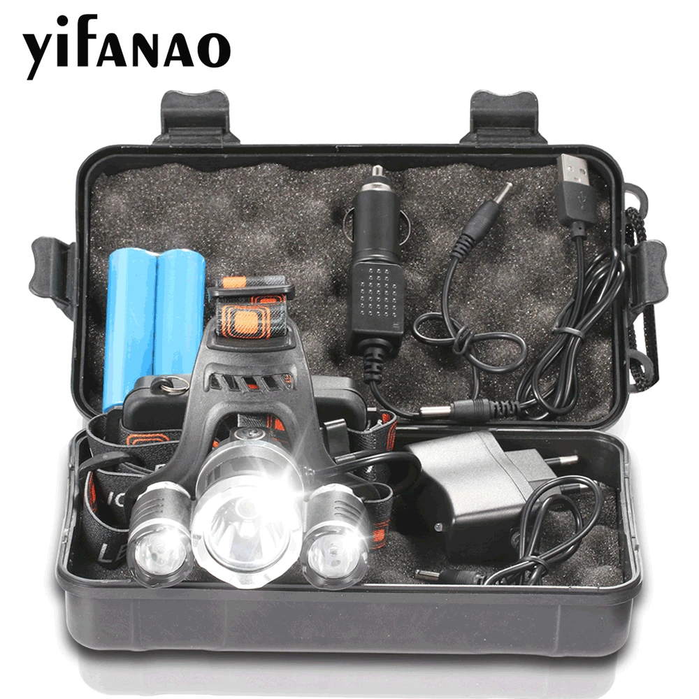 

15000Lm LED Headlamp T6+2R5 Headlight Head Lamp Light 4Mode Torch +2x18650 Battery+EU/US Car Charger For Fishing Lights