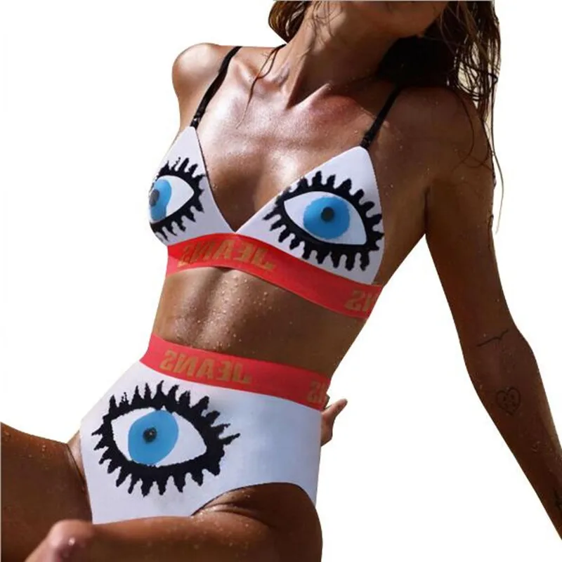 

Summer Big Eye Printed Novelty 2 Piece Swim Suit Women Spaghetti Strap Bra+High Waist Shorts sexy beach Holiday Swim suit AN3402