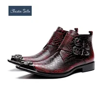 Christia Bella/зимние мужские ботильоны с металлической пряжкой; Мужские модельные ботинки из натуральной кожи коричневого цвета; мотоботы большого размера; официальная обувь