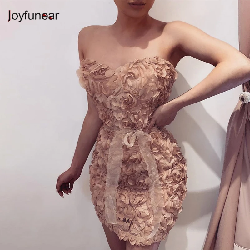 

Joyfunear Flower Bodycon Dress Women Off Shoulder Strapless Clubwear Sashes Sexy Summer Dress Mini Party Dress Clothes 2019