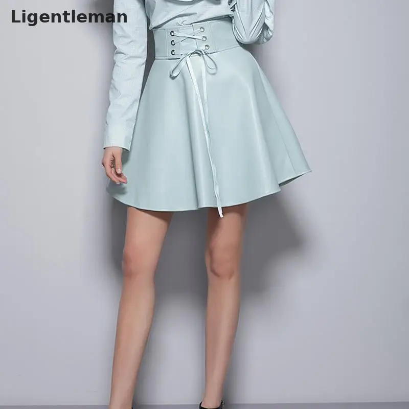 

Luxury Women Pleated Pu Leather Mini Skirt Light Green Sweet Elegant Lace-up Empire Female Punk Style Skirts Ladies 2019 309